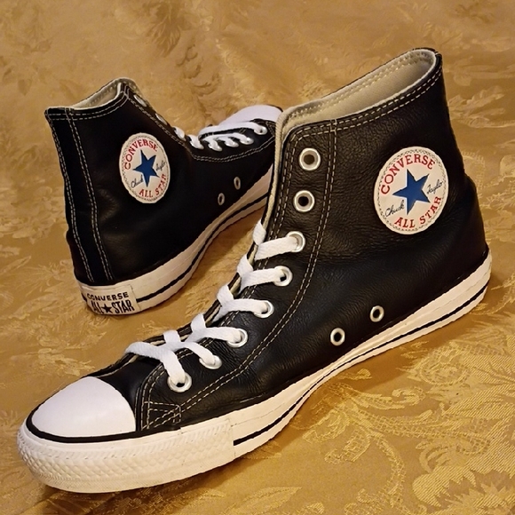 CONVERSE All Star Black Leather High-Top Sneakers Men's 9.5 Women's 11.5 - Picture 1 of 12
